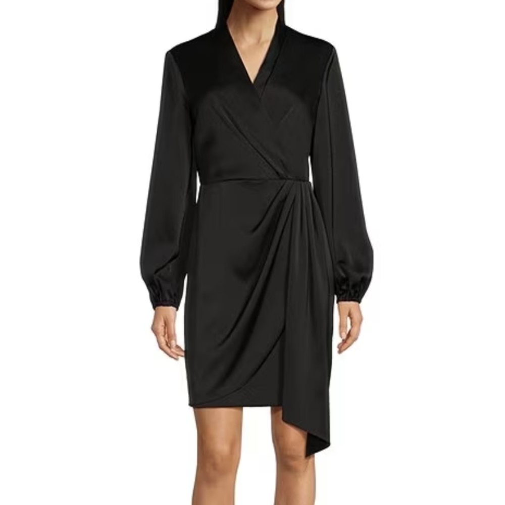 Alex Marie Iris V-Neck Satin Crepe Long Sleeve A-Line Dress - Picture 1 of 11